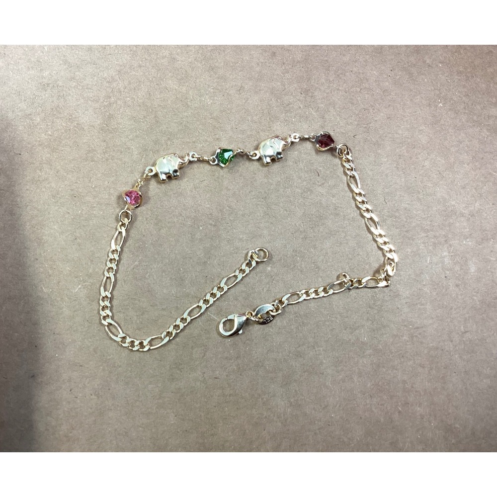 Elephant Bracelet‎ Gold Tone Chain with Colorful Gemstones 9 Inches